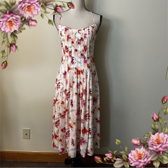 Banana Republic Pintuck White Pink Floral Spaghetti Straps Cross Midi Dress - Picture 1 of 16